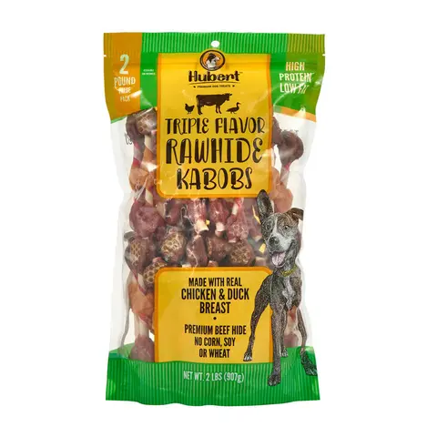 Hubert Triple Flavor Rawhide Kabobs Dog Treats, Chicken and Duck Wrapped Beef Hide Chew Snacks, 2 lbs