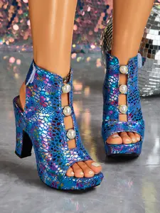 Women's Fashionable Embossed Pattern Zipper Back Heeled Sandals, Elegant Square Toe High Heel Sandals for Party, Daily Clothing Decor for Women & Girls, Elegant Party Shoes, Footwear