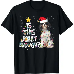 Is This Jolly Enough Cavalier King Charles Spaniel Christmas T-Shirt, 100% Cotton, Single Side Printed, Black Short Sleeve T-shirt, 1 pc, Christmas Halloween Thanksgiving Gift