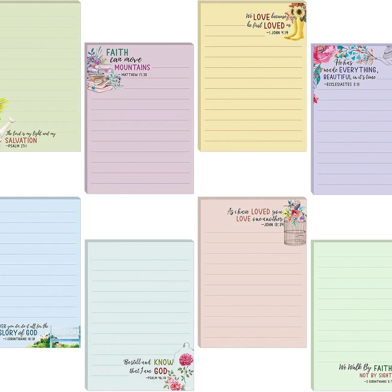 8 Pack Christian Sticky Notes Small Scripture Inspirational Motivation Memo Pads Floral Design Adhesive Religious Bible Verse Quotes Notepads for Writing Schedules, 4 x 5.5 Inch(Fresh Style), Stickers