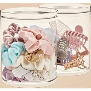 Stackable Clear Round Storage Containers with Lids |   Set of 2 Plastic Organizers for Hair Accessories & Beauty Supplies |   Reusable Vanity Storage Solution |   Made in USA |   BPA-Free Durable Design Boxes
