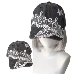Unisex Y2K Music Note Star Embroidery Baseball Cap, Washed Distressed Soft Top Dad Hat, Stylish Retro Design, Comfortable Fit, Versatile Casual Wear Accessory