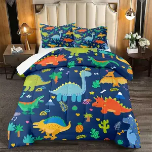 Cute Cartoon Dinosaur Bedding Set, Ultra Soft Full Size Comforter Set for Boys, Lovely Dinosaur Printed Comforter for Kids Teens, Dark Blue Microfiber Quilt for All Season 3Pcs with Pillowcases