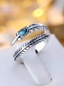 S925 Sterling Silver Boho Style Turquoise Decor Cuff Ring, Feather Design Adjustable Open Ring, Fashion Jewelry Accessories for Women & Girls