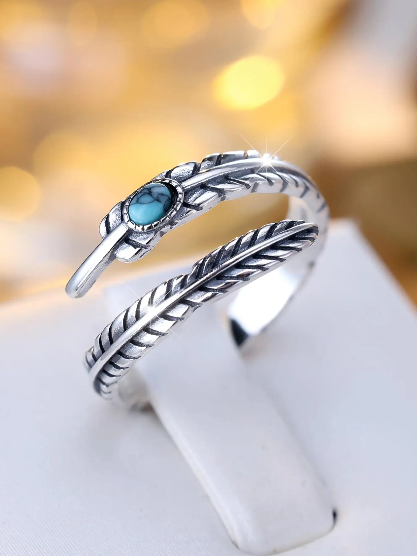 S925 Sterling Silver Boho Style Turquoise Decor Cuff Ring, Feather Design Adjustable Open Ring, Fashion Jewelry Accessories for Women & Girls