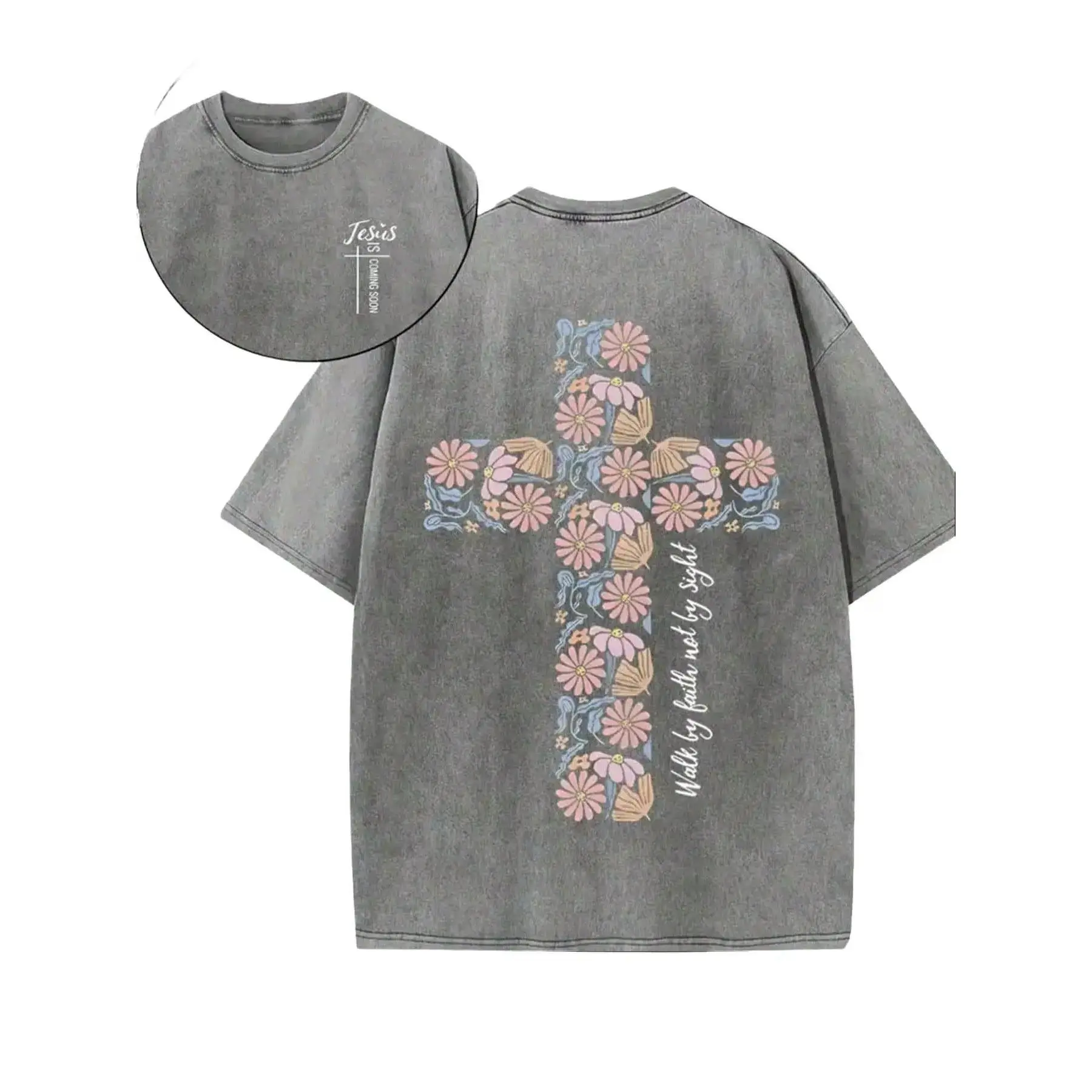 Comfortable Faith Apparel, Vintage Washed Graphic T-Shirt with Floral Cross, Unisex Casual Baggy Cotton-Blend, Essential, Everyday, Fabric, Oversized, Printed, Soft