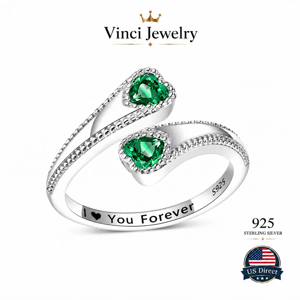 925 sterling silver Emerald Heart Open Ring for Women Adjustable Promise Ring Romantic Minimalist Elegant Love Jewelry Gift for Wife Girlfriend Daughter Best Friend Anniversary Valentine Wedding Engagement Luxury Fashion Sparkling Crystal Statement Ring