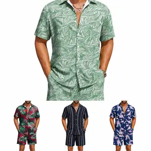 Men's Hawaiian Matching Set Summer Beach 2 Piece Outfits Flower Button Down Shirts and Shorts Vacation Outfits