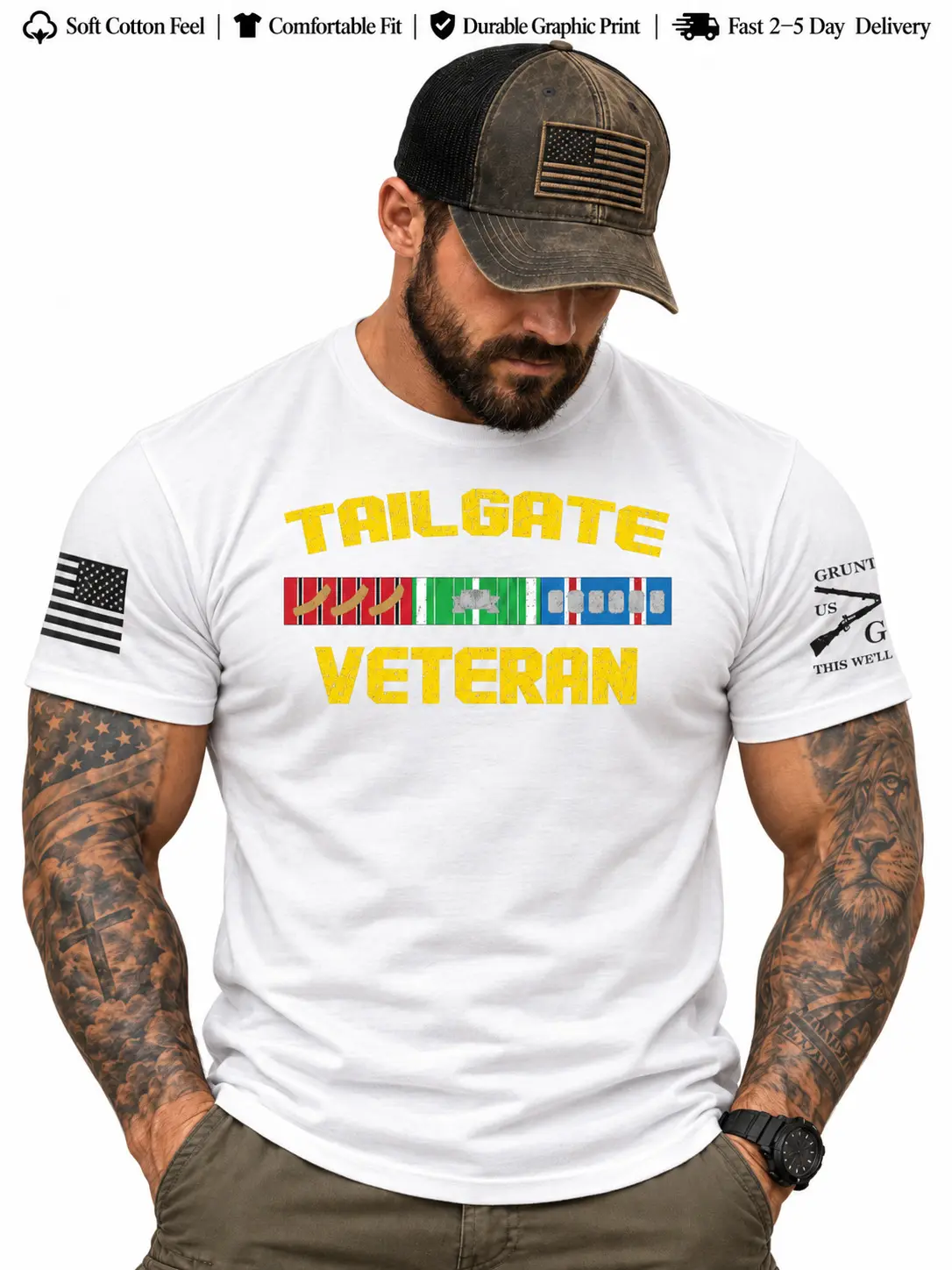 Tailgate Veteran Patriotic Unisex Graphic T-Shirt, Black Short Sleeve Crewneck with Distressed Yellow Typography, Military Ribbon Artwork and American Flag Left Sleeve Detail, Military-Inspired Casual Streetwear for Daily Wear and Veteran Gift Idea