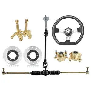 Go Kart 4 Stud Front Wheel Rim Hubs with Bearings Assembly, Steering Knuckle Spindle, Steering Wheel, Disc Brake Rotor, Gear Rack Pinion Shaft Kit for Quad ATV Golf Cart Drift Trike Quad Moped Buggy