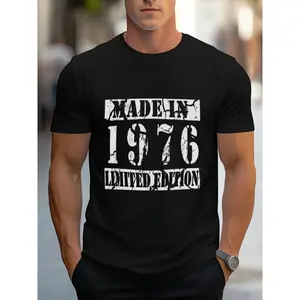 Men's Navy Blue Cotton Fabric Short-Sleeve T-Shirt - Muscular Fit, White Distressed 'MADE IN 1976 LIMITED EDITION' Text, Breathable Retro Top, Casual Black Pants & Silvery Wristwatch for Summer Outdoor Sports Use