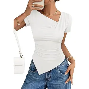 ZESICA Asymmetrical Short Sleeve Shirts for Women 2026 Summer Going Out Tops Ruched Outfits Fashion Y2K Clothes