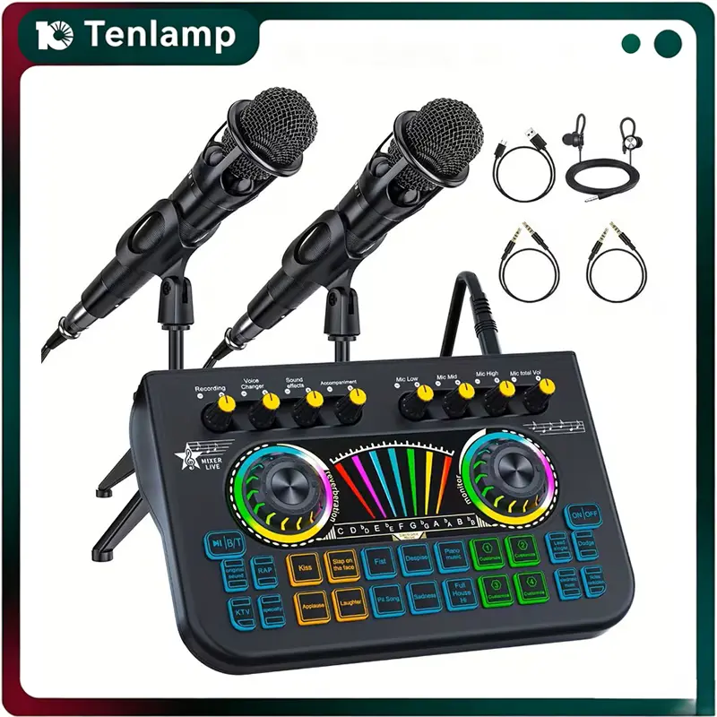 Professional Podcast Dj Equipment Bundle Kit Live Sound Card Audio Mixer for Console Recording Microfono Stand, Music Studio Full Setup Estudio De Musical Streaming for Pc Phone Gaming Karaoke Machine with 2 Microphone Para Grabar Contenido