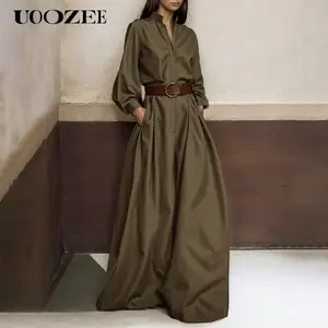 UOOZEE Female High Waisted Wide Leg Jumpsuits No belt, Solid Color Sleeves Loose Buttoned Stand Collar One-piece Outfits  Womenswear Minimalist