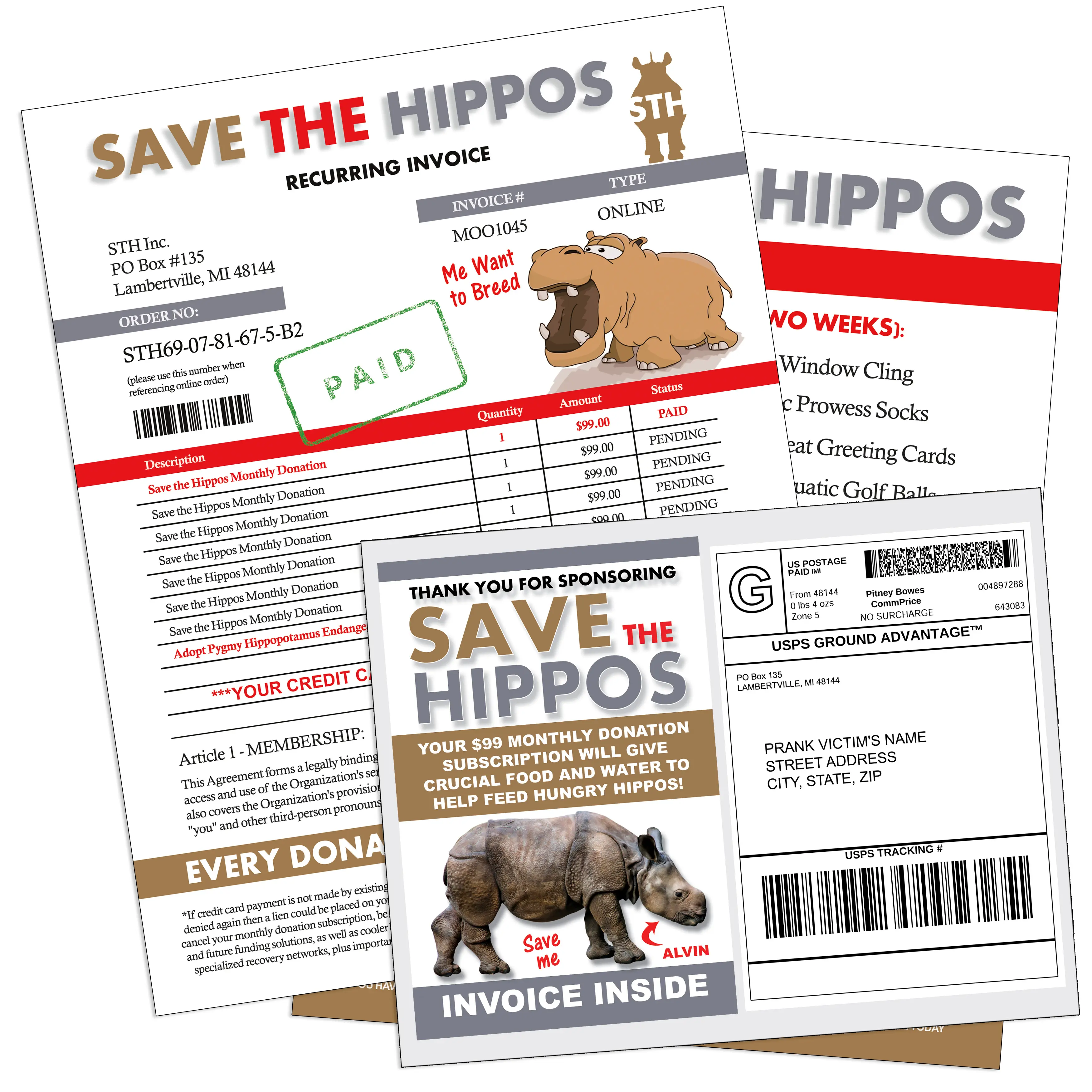 Save the Hippos Prank Mailer Joke Gag Sent 100% Anonymously!