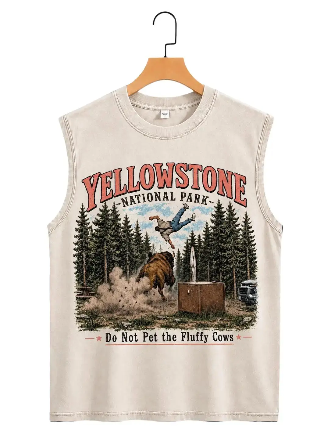 Men's 100% Cotton Heavyweight Oversized Cut Tank Vest - Yellowstone Graphic Print, Vintage Washed Finish, Round Neck, Medium Length, Menswear, Retro Look, Breathable Summer Streetwear Casual Sleeveless