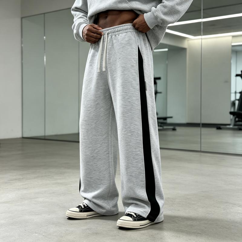 Men's Wide Leg Sweatpants, Casual Street Style Soft Knit Trousers, Side Stripe Panel & Drawstring Elastic Waist, Daily Walking Gym Streetwear Pants