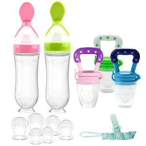 Mothers Day Gift Food Feeder Baby Fruit Feeder Pacifier (3 Pcs) with 6 Different Sized Silicone Pacifiers,Silicone Baby Food Dispensing Spoon 90ML with 2 Babies Spoons Pacifier Clip Infant Fruit Teething Feeders-Pink