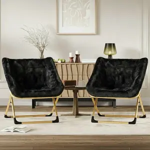 Garvee Black Faux Fur Foldable Footstool Saucer Chair with Heavy Duty Metal Frame, Cozy Rabbit Fur Accent Lounge Chair for Bedroom, Dorm, Gaming, and Living Room, No Assembly Required