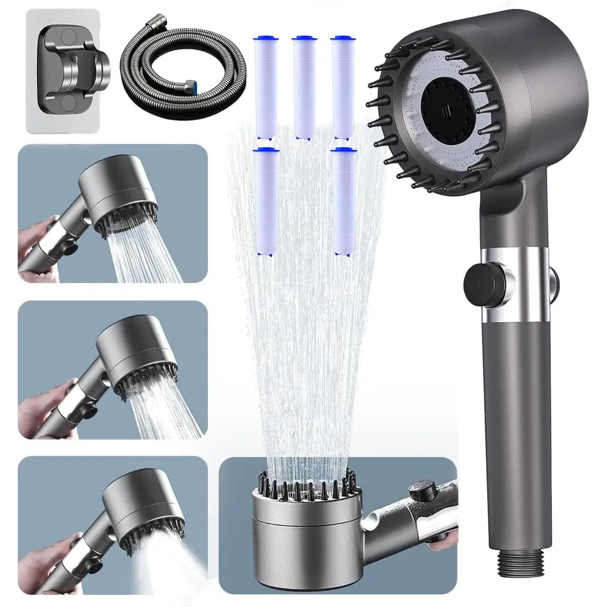 Ion Drops Shower Head with High Pressure (Clean Tub & Pet), Multi-Mode Shower Head with 60 Inch Hose, Filtered Showerhead Remove Chlorine, Massageable