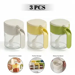 3 Piece Glass Seasoning Jars with Lids and Spoons, Sealed Moisture-Proof Storage, Kitchen Spice Bottles for Cooking, Baking, Dining, Camping