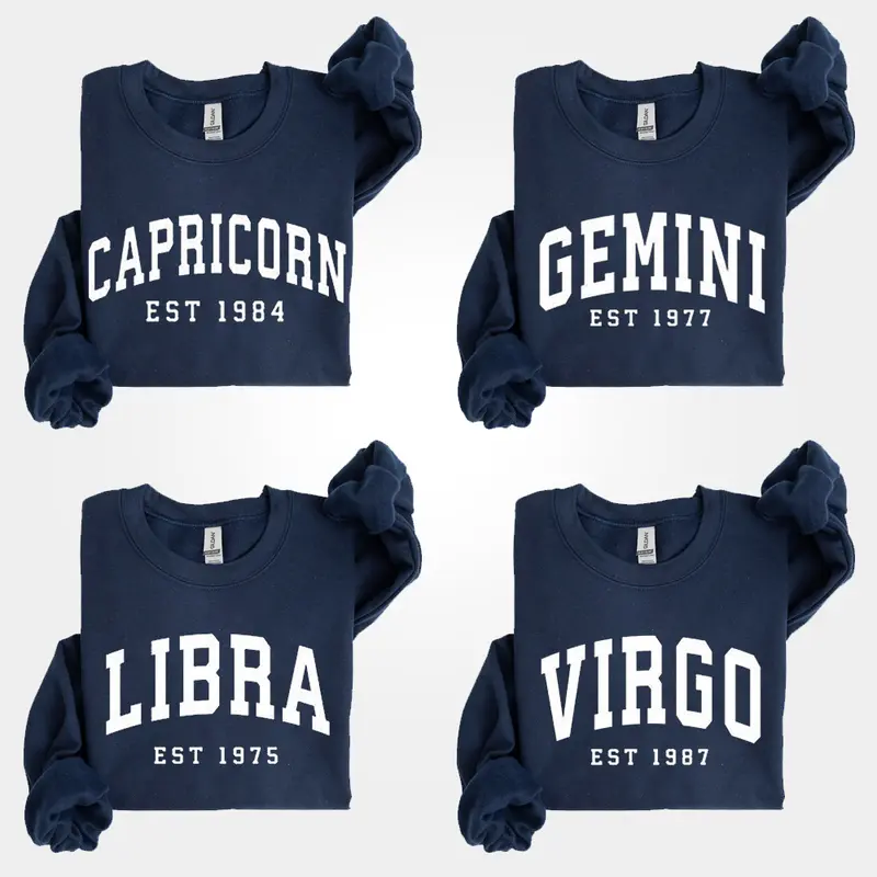 (LEAVE A NOTE OR DM SHOP) Custom Zodiac Sweatshirt - Navy, Personalized Year Astrology Pullover, Unisex Crewneck, Cute Horoscope Birthday Gift, Celestial Sign Outfit 2025 - AL