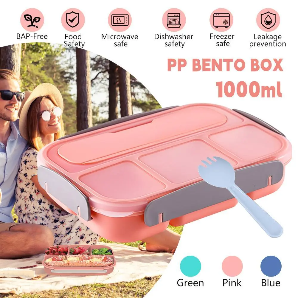 【Summerfinds】1000ml PP Bento Box, 4-Compartment Leakproof Lunch Box w/ Silicone Lid, Microwave & Dishwasher Safe for all,blue/pink/green