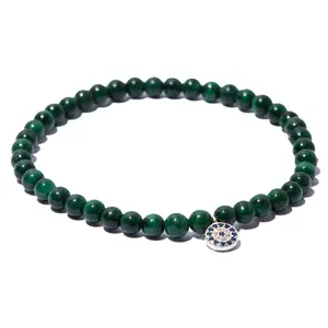 LA LUNA LOS ANGELES Malachite 4mm Bead Bracelet with Sterling Silver Evil Eye Charm