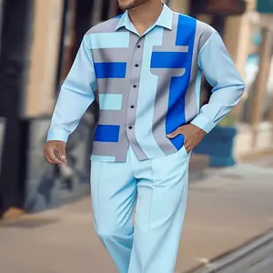 Men's 2-Piece Regular Long Sleeve Casual Suit Set, Polyester Stretch Fabric, European-American Style, Mixed Color Contrasting Geometric Design, Lapel Button-Up Top & Button-Up Pants, Breathable, All-Season, Durable, for Young Party Attendees