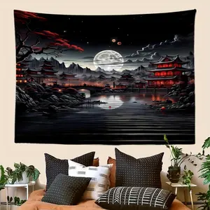 1pc Japanese Riverside Tapestry Mountain Forest Nature Tapestry for Bedroom Black and White Moon Landscape Wall Hanging Aesthetic Anime Art Decor for Bedroom Living