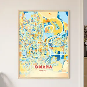 Colorful Omaha Nebraska Blue Orange Fine Art Print Usa City Map Customizable Poster Unique Wall Decor Personalized Gift