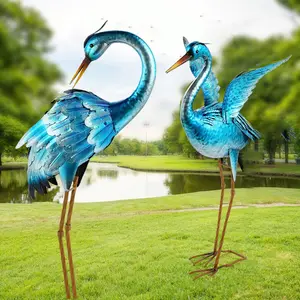 Garden Crane Statues for Outdoor Blue Heron Metal Birds Yard Art Ornaments for Backyard Pond Patio Porch Outside Decorations