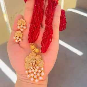 Gold Plated Red hydro Necklace with Matching Earrings Elegant Jewelry Set for Nepali traditional outfits.
