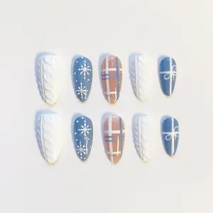 Blue Christmas Nails/Bow Nails/Sweater Texture Nails//Winter Nails/Snow Nails/Christmas Press on nails long almond nails/Plaid Nails