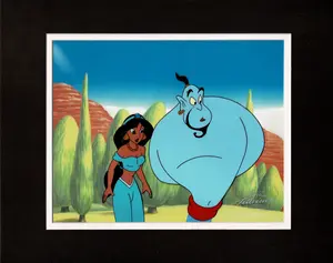 Aladdin The Genie and Jasmine Walt Disney Production Animation Cel and Drawings from 1994 Return of Jafar Framed 2 C-A