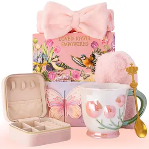 MothersDay Gifts for Mom, 7Pcs Birthday Gift Ideas for Mom, Thank You Gifts for Mom 18Oz Ceramic Tulip Mug Set with Headband Spoon Socks Card Gift Box Jewelry Case for Christmas Mothers Day Valentine