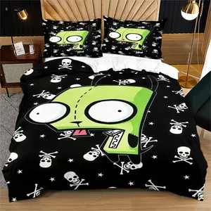 Invader ZIM GIR Duvet Cover Set (2/3 Piece, Includes 1 Duvet Cover + 1/2 Pillowcases, No Filling), Skull & Crossbones Print Bedding for Teens & Cartoon Fans, Bedroom Decor