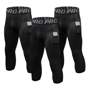 3 Pack Compression Pants for Men 3/4 Capri Leggings Quick Dry Workout Running Gym Tights Bottom with Pockets