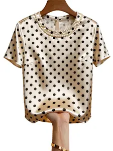 Women's Champagne Color Satin Short Sleeve Blouse, Pearl Round Neck Polka Dot Top, Elegant Daily Wear for Work and Dinner