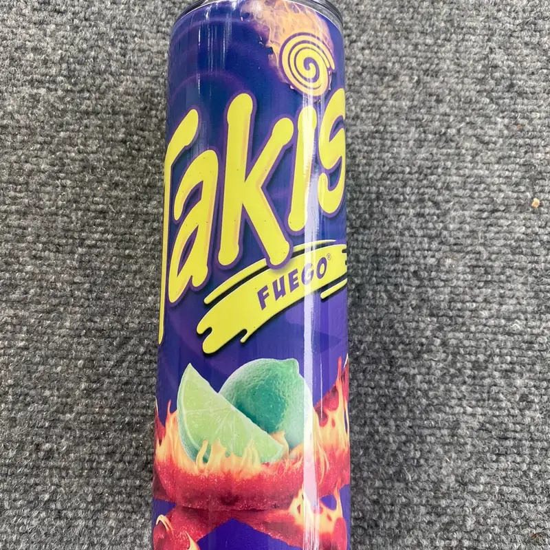 Takis Tumblers 20 Oz Skinny Straight, Stainless Steel Tumbler Come with straw and rubber bumper!
