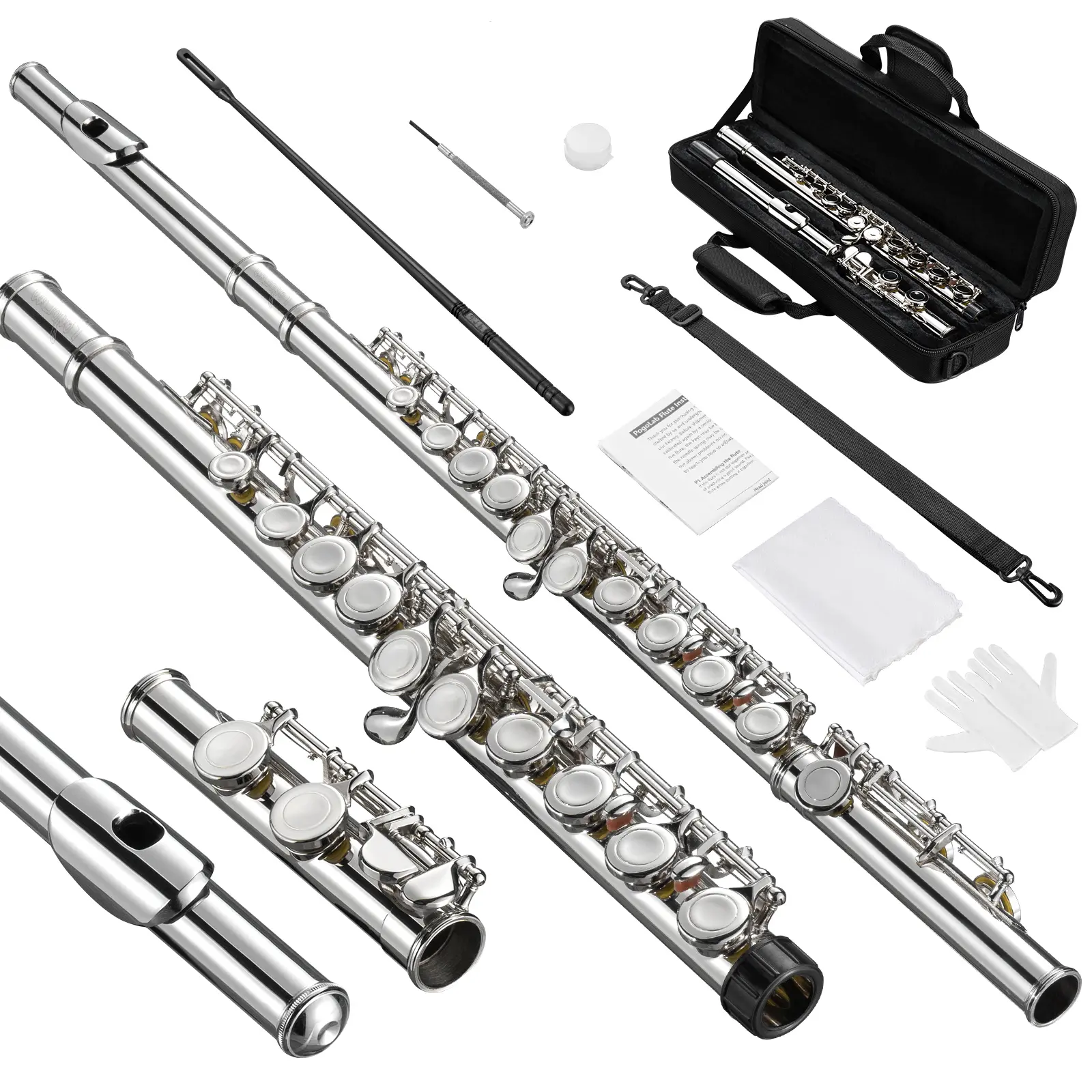 POGOLAB Flutes Closed Hole C 16 Keys Flute Instrument for Beginner Kid Orchestra School Band Student with Flute Carry Bag Strap Probe Rod Gloves Grease Adjustment Screwdriver Cleaning Kit, Back to School