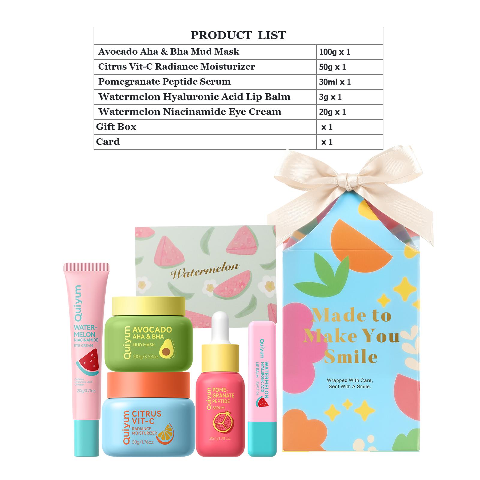 5-Piece Fruit Skincare Set for Women, Facial Skin Care Kit with Avocado Mud Mask, Vitamin C Face Cream, Peptide Serum, Niacinamide Eye Cream & Lip Balm, Hydrating & Brightening Beauty Gift Sets for Teens, Girls, Birthday,