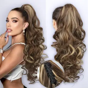 Ponytail Extension 24" Long Curly Wavy Claw Clip in Medium Blonde with Highlights Japanese Tech Synthetic Fibers for Daily & Party Use jaw hairpiece