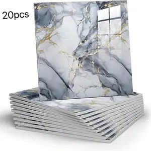 20pcs Marble Peel and Stick Backsplash Waterproof Washroom Wall Panels, Peel and Stick Tile, PVC Foam Wall Panels for Kitchen,Bathroom,Living Room,Blue and Gold(Not Real Tile,11.8" x 11.8")