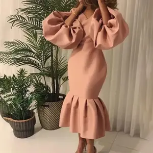 2025 New Plus Size Women's Fashion Solid Color Pink V-neck Bubble Sleeve Mermaid Dress Elegant Formal Work Dress Fashion Women's Dress(Sheet)