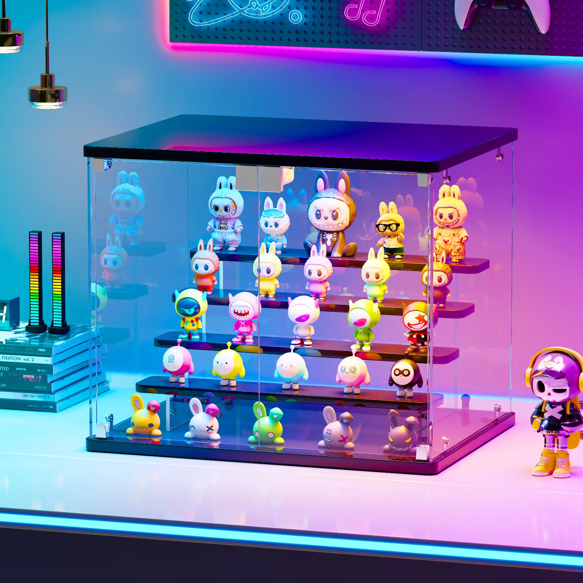 FREDEES DIY Assembly 4-Sided Clear Glass Display Case, RGB Lit Tabletop Cabinet, Dustproof Collectible Showcase