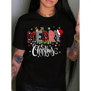 Women's 100% Casual Tshirt - Short-Sleeve Crew Neck Top with Festive Christmas Graphic, Santa Hat Detail, Snowflakes, Machine Washable - Holiday Party Wear, Streetwear