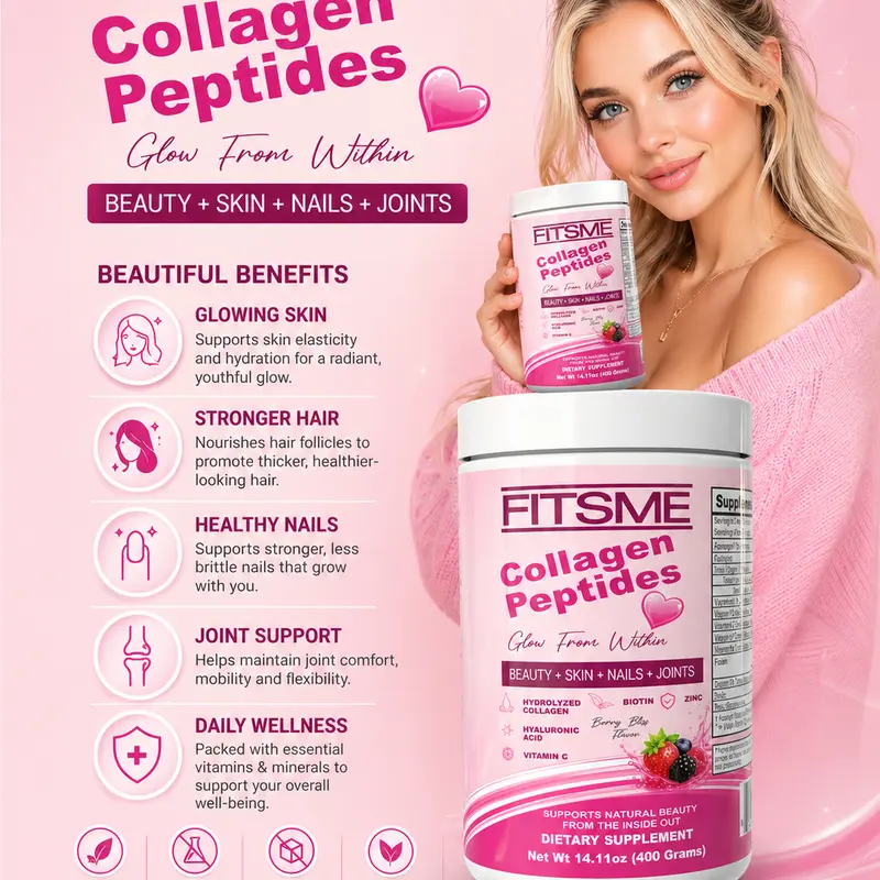 Fitsme Hydrolyzed Edible Collagen Peptides Dietary Powder Supplement - Berry Bliss (Raspberry) Flavor, Women's Collagen + HA, Easy-Mix with Biotin, Vitamins, Zinc, Anti-Oxidants, HA Hydration Aid, Nail Care, Skin Beauty, Brain Support, Bone Health