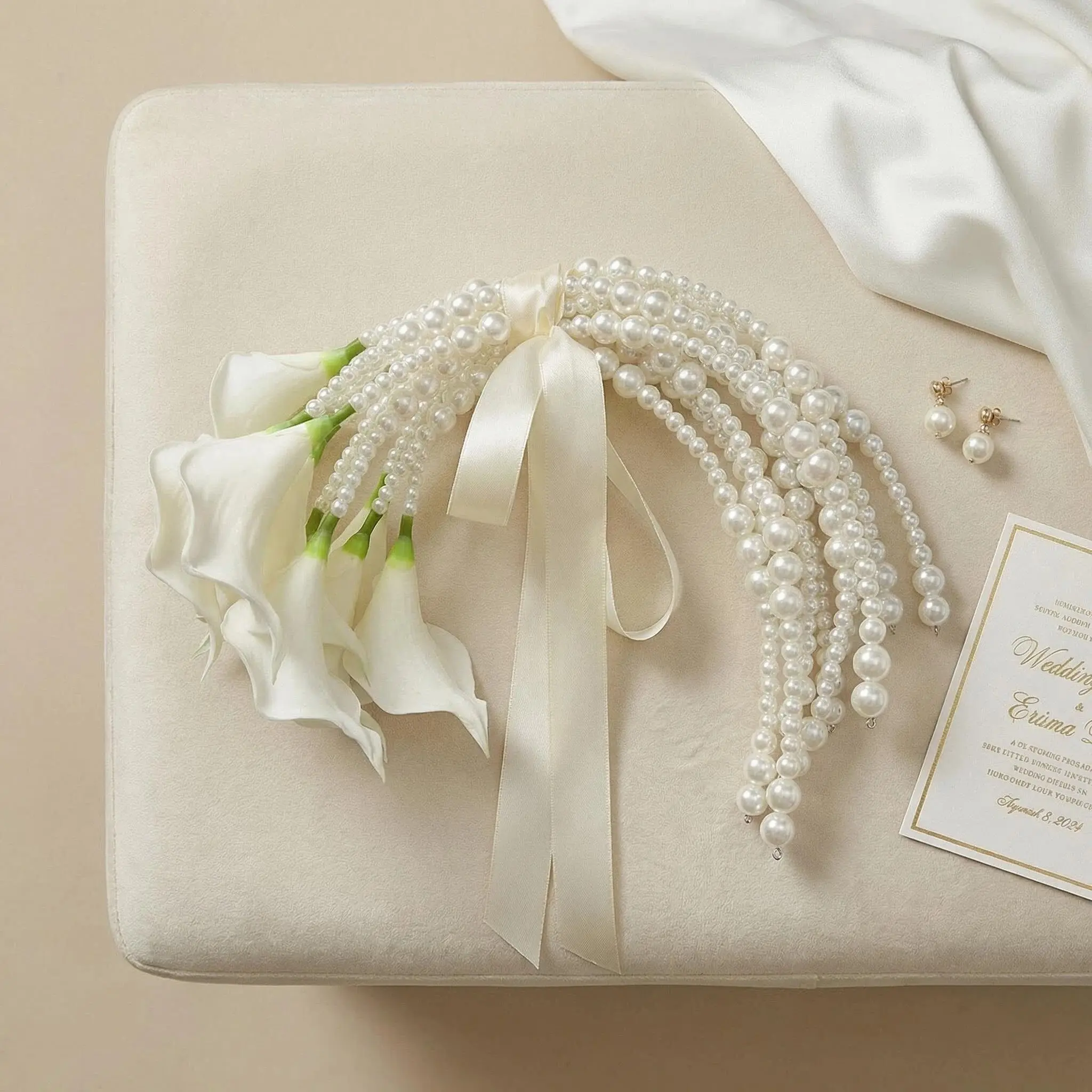 【Summer Deal】Silvanest Elegant Bridal Purse Bouquet with White Calla Lily & Pearl Tassels, Faux Silk Wedding Hand Bouquet for Bride Bridesmaid Flower Girl Ceremony Decor