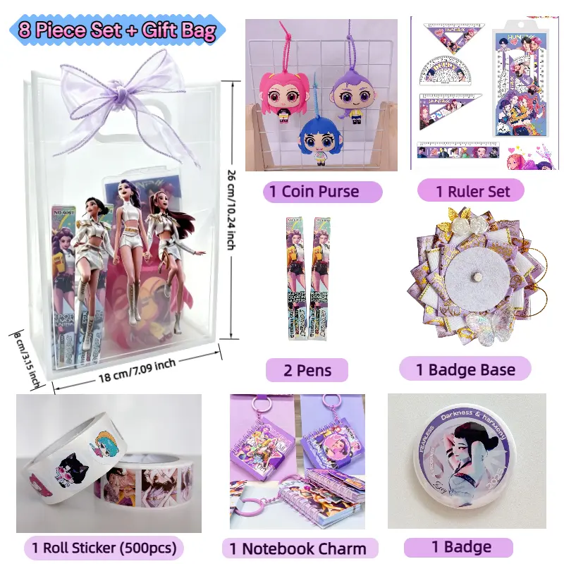 8-Piece Trendy Themed Gift Set with Gift Bag | Keychain Pouch, Notebook, Enamel Pin, Pens, Rulers & Stickers | Ideal Kids Gift for Birthdays, Graduations & Fan Parties